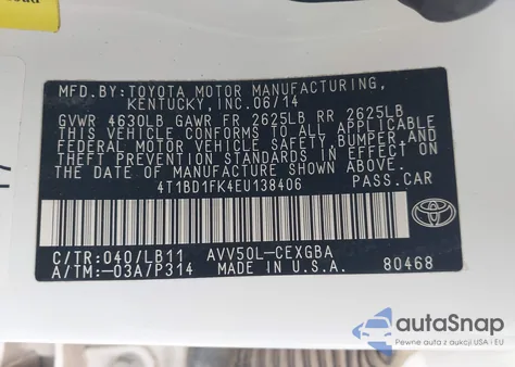 2014 Toyota Camry Hybrid Xle из США, поврежденный, VIN 4T1BD1FK4EU138406